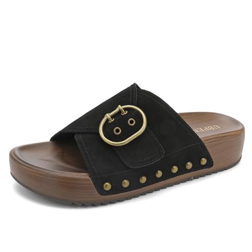 Image of UBFEN Womens Platform Slide Sandals | Real Leather,Buckle Sandals with Cushioned Flatform Footbed,Comfortable for Walking,Arch Support,Casual Styling