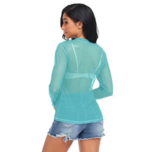 Women Sexy See Through Mesh Shirt Long Sleeve Sheer Tee Top Elastic Bodycon Party Blouse Cover Ups Clubwear Swimwear Beach3