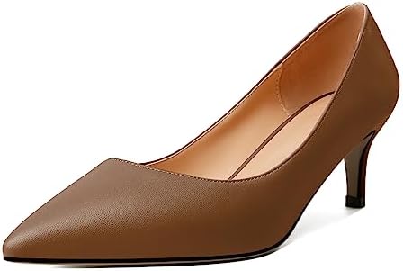 YODEKS Women's Low Kitten Pumps Pointed Toe 2" Middle Heel Slip On Business Soft Leather Comfort Dress Pumps Shoes Chocolate Dark Tan Brown US6