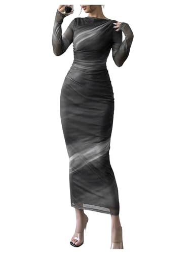 Milumia Women's Spring Wedding Guest Dress Floral Long Sleeve Maxi Dresses Cocktail Party Multi Grey Medium