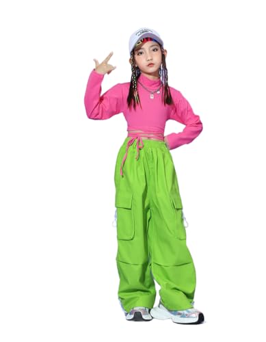 Rngeddg Toddler Girls Two Piece Outfits Long Sleeve Crop Short Top Work Pants Hip Hop Jazz Street Dance Costume (Green,130/6-7 Y)