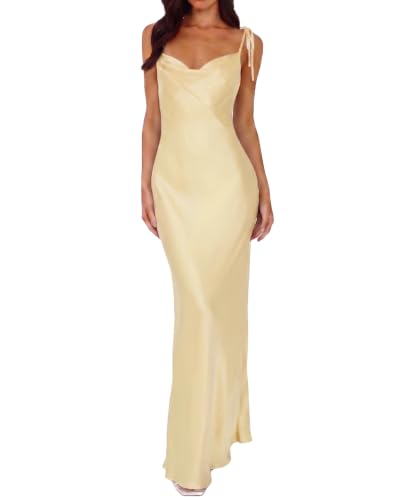 UEZOU 2026 Satin Cowl Neck Spaghetti Strap Slip Maxi Dress for Women Tie Strap Formal Wedding Guest Dresses with Slit Yellow