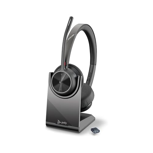 Auriculares inalámbricos Poly Voyager 4320 UC y soporte de carga - Audífonos estéreo con micrófono de brazo con cancelación de ruido - Conexión Bluetooth a PC/Mac/teléfono móvil - Teams (certificado)