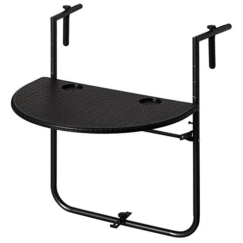 Gardenised Indoor and Outdoor Rattan Decorative Foldable Balcony Hanging Table Railing Bar Serving Table Adjustable Hight 3-Level Balcony and Garden Deck Rust Proof (Black)