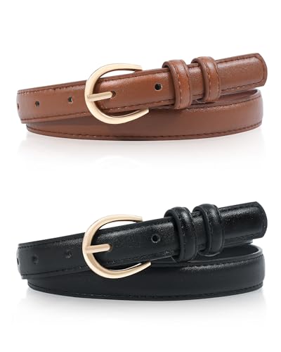 Kajeer Girls Belt 2 Pack Kids Leather Belt Gold Round Buckle 9 Adjustable Holes Jeans Youth Toddler Belt for Uniform Casual(Black + Brown L-Waist Size:24-30in/60-76cm)