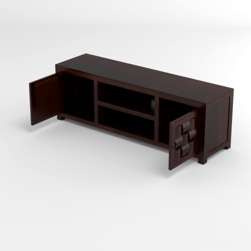Image of Solid Sheesham Wood Entertainment TV Unit with 2 Door | Rosewood Tv Stand /TV Cabinet for Living Room | Bedroom | Wooden TV Panel with Shelf Stoarge | TV Table