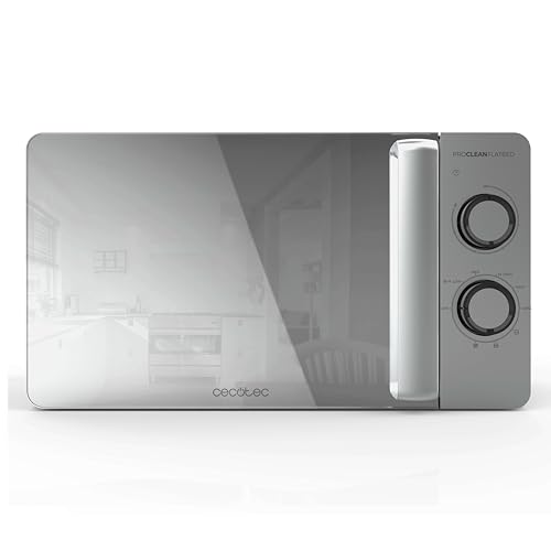 Cecotec Microondas de 20L Proclean 3160 Flatbed. Mirror Potencia de 700W y Grill de 800W, Diseño Compacto, Interior Cerámico, Modo descongelación, Temporizador 30 Min, Tecnología 3Dwave