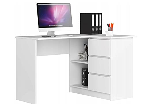 BDW Bureau d'angle wengé Blanc avec 3 tiroirs à Droite et 2 étagères, Beaucoup d'espace pour déplier, Parfait pour Les Chambres d'adolescents, Les Bureaux...
