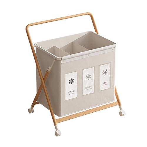 Panier à linge pliable en tissu beige avec roulettes et sac de rangement étanche