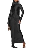 Vakkest Women's Sexy Elegant Long Sleeve Bodycon Evening Formal Maxi Dress | Elegant Wedding Guest Dresses for Women,Plus Size Prom Dresses,Tie,Stretchy,Ruched,High Slit,Cocktail Evening Party Dress