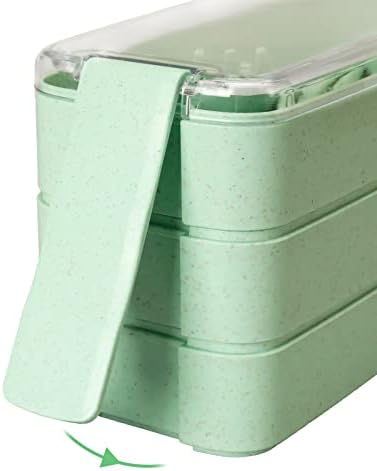 Bento Box, 900ml Lunch Box for Kids Adults with 3 Compartment, Stackable Camping Bento Lunch Box Meal Prep Containers Spoon Fork (Green)