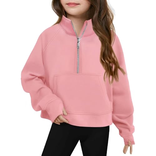 Girls Sweatshirts Half Zip up Sweatshirt Casual Pullover Long Sleeve Tunic Tops Warm Fleece Thumb Hole Sweat Tops with Pockets Comfy Winter Clothes Fall Outfits 5-14 Years