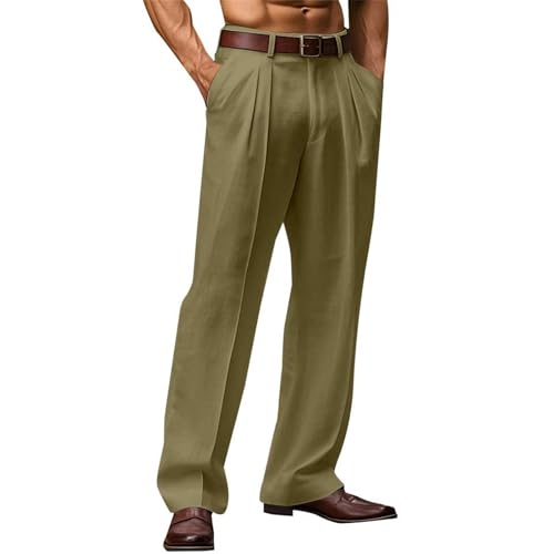 2025 Trendy Cotton Linen Pants Men Straight Leg Pleated Work Dress Pants Relaxed Fit Lightweight Summer Beach