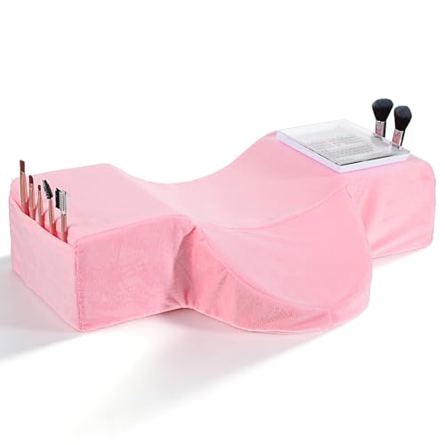 Eyelash Extension Lash Pillow Memory Foam with Velvet Pillowcase and Ergonomic Curve for Neck and Back Support in Beauty Salon Pink