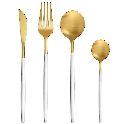 Bestdin Besteck Set 6 Personen, 24 teilig Besteck Weiß Gold Matt, Essbesteck Set mit Messer Gabel Löffel, Hochwertiges Edelstahl Besteckset,...