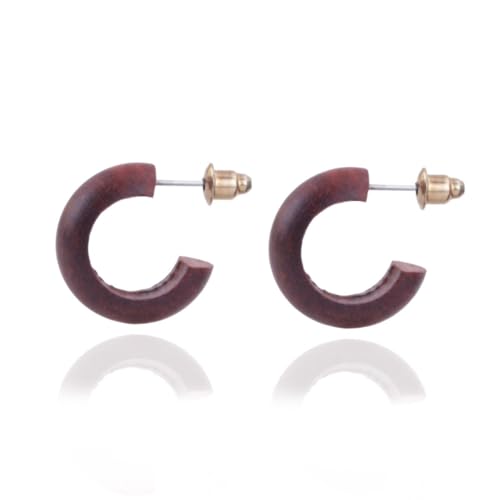 Red Hardwood Half Hoop Stud Earrings for Women Men, Natural Wood Boho Minimalist, 18mm Wooden Huggie Earrings jewelry for Her or Him