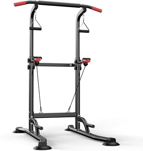 Power Tower Pull Up & Dip Station Multi-Function, 440 LBS Capacity,Home Strength Training Fitness Workout Station, Height Adjustable,with Power Elastic Ropes
