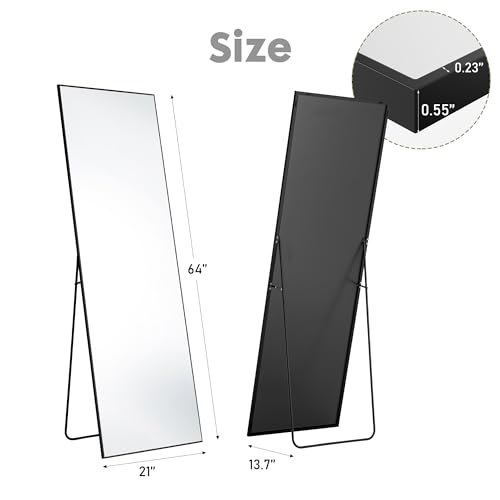Sweetcrispy 64"x21" Full Length Mirror, Standing or Leaning Full Body Mirror with Aluminum Alloy Thin Frame, Suitable for Bedroom or Cloakroom,Black