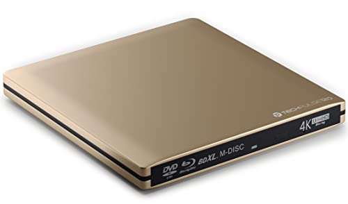 techPulse120 portables USB 3.0 4K UHD 3D M-Disc BDXL HDR10 Laufwerk Blu-ray Brenner Burner Superdrive Ultra-Slim BD DVD CD für Netbook Notebook Ultrabook Windows Mac OS Apple iMAC MacBook Alu Gold