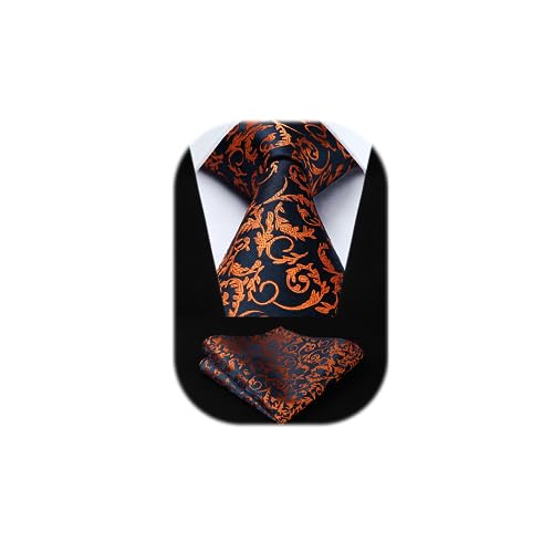 HISDERN Cravate Homme Bleu Marine et Orange à Motif Cachemire Mariage Élégant Cravates Extra Longues pour Hommes et Carré de poche, XL