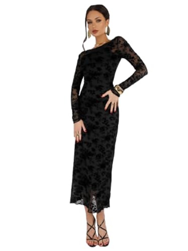 AURA Womens Velvet Floral Mesh Midi Dress Slim Fit Sheer Tulle Dress with Lining Elegant Side Slit Evening Dress Cocktail Party & Formal Occasion Wear (UAE/KSA Alpha S Regular Regular)