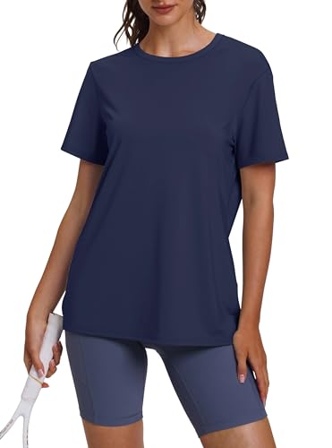 Aokosor Gym Tops for Women UK Short Sleeve Crew Neck Workout Shirts Lightweight Breathable Quick Dry UPF 50+ Sports Running Tops Size 18-20 Navy Blue