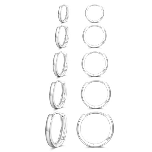 Senteria 5 Pairs Sterling Silver Hoop Earrings Small Silver Hoop Earrings Hypoallergenic Tiny Huggie Earring for Women Cartilage Sleepers Hoops Earring Sets 8/10/12/14/16mm