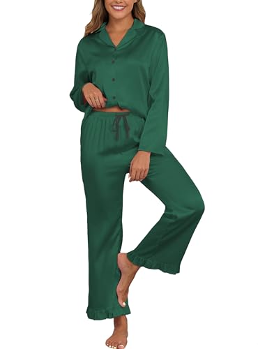 Image of Veseacky Women Satin Pajamas Set 2 Piece Button Down Short Sleeve Soft Sleepwear with Pockets