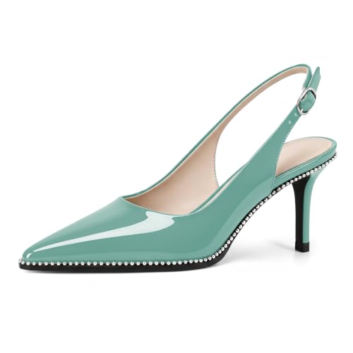Image of YODEKS Slingback Heels for Women Pointy Toe Beaded Heels Close Toe Kitten Heel Pumps 2.5 Inch Stiletto Pumps Wedding Party Dressy Shoes