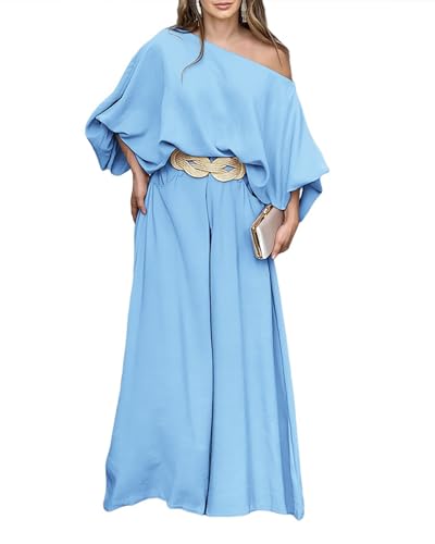 Image of CHICME Women Summer 2 Piece Outfits Off Shoulder Top Flowy Wide Leg Pants Set Vacation Travel Airport Outfits