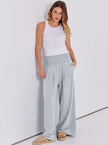 Image of ANRABESS Women Linen Palazzo Pants Summer Boho Wide Leg High Waist Casual Lounge Pant 2026 Beach Travel Vacation Outfits