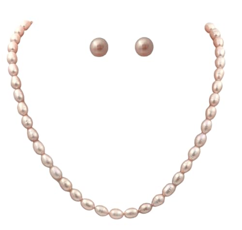 Image of D.D Pearls original Hyderabadi Fresh Water Pink Pearl set| 8MM oval (Rice) Pearl Necklace with Pink Earring Studs set| nice gift for women and girls| brand certificate of authenticity