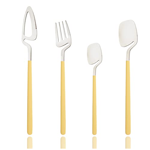 JASHII Hangable Silverware Set, Fresh Macaron Colors Flatware Cutlery Set Service for 2, Satin Finish 8 Piece Stainless Steel Utensils Set for Home and Restaurant, Dishwasher Safe(Yellow Silver)