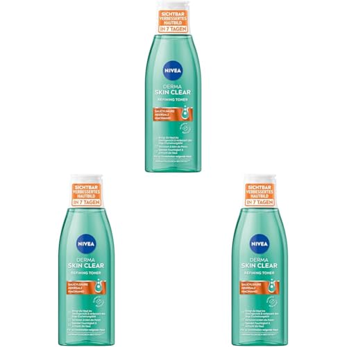 NIVEA Derma Skin Clear Refining Toner, porenverfeinerndes Gesichtswasser für ein sichtbar verbessertes Hautbild, Gesichtsreinigung mit Salicylsäure & Niacinamid (200 ml) (Packung mit 3)