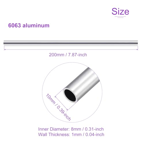 DMiotech 2er Pack (10mm Außendurchmesser x 8mm Innendurchmesser) Rundrohr aus 6063 Aluminium, 200mm Länge, Metallrohr für Maschinenrahmenbau und DIY-Projekte