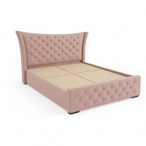Image of Pearl Upholstered Queen Size Bed with Box Storage for Bedroom | Elegant Wooden Double Bed with Storage | Platform Cot Palang with Tufted Headboard | 6.5 x 5 Ft | Sheesham Wood | Mauve