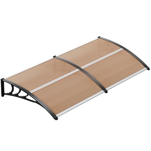 LIFERUN Pensilina Tettoia per Porta Balcone Esterno, 190 x 98.5 cm, Tetto Policarbonato Alveolare Trasparente, Protezione solare e dalla pioggia,Marrone scuro
