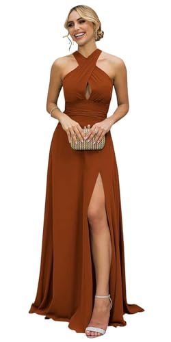 RYANTH Chiffon Halter Bridesmaid Dresses for Women Pleated Long Formal Prom Dress A Line Wedding Guest Dress with Slit
