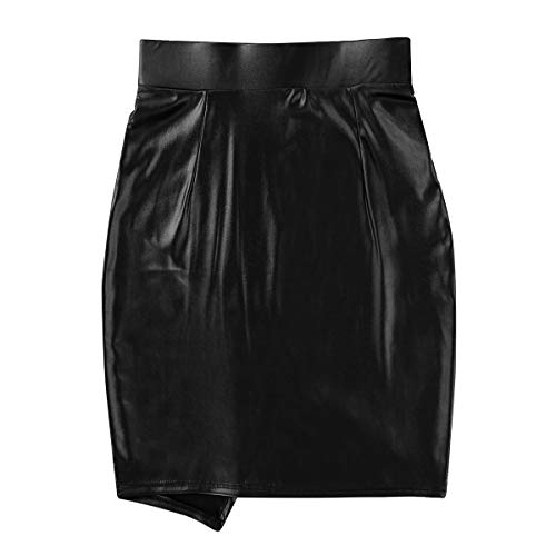 ranrann Women's Metallic Shiny Faux Leather High Waist Asymmetric Booty Mini Pencil Skirts Black M steampunk buy now online