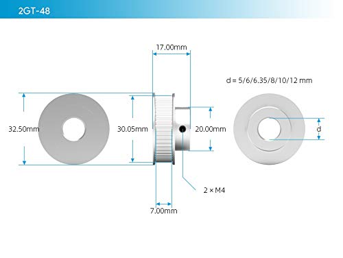Leloo GT2 Zahnriemenscheibe – 48 Zähne, 2 Mm Teilung, Bohrung 5–10 Mm, Breite 6/10 Mm, Alu – Für 3D-Drucker