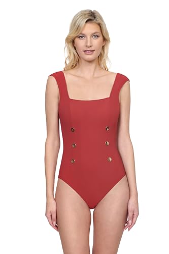 Gottex Monte Carlo - Traje de baño de una pieza con cuello cuadrado para mujer, manga casquillo, control de abdomen, copas suaves y detalles de botón dorado, Pimentón, 10