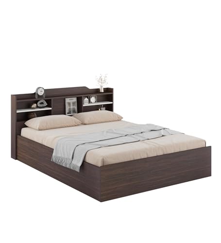 Image of Viggo Queen Bed with Box Storage | Engineered Wood | Choco Walnut Finish | Headboard Storage | Sturdy & Elegant | Knock-Down Assembly | 36-Months Warranty