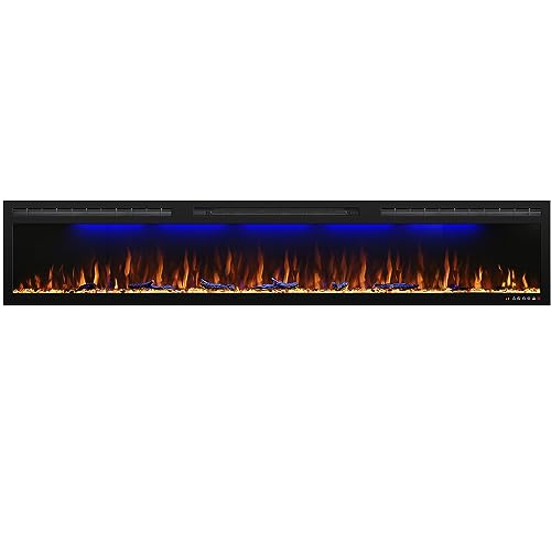 Image of 88-Inch Electric Fireplace, Recessed or Wall-Mounted Linear Heater, Ultra-Slim Frame, 1500W, 3 Flame Colors and 3 Top Lights, Log and Crystal Media, Remote, 1-9H Timer