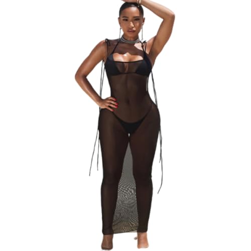 Image of Suillty Women Mesh Sheer Spaghetti Strap Long Maxi Dress Sexy Sleeveless Backless Beach Swimsuit Cover Ups Party Club Dresses