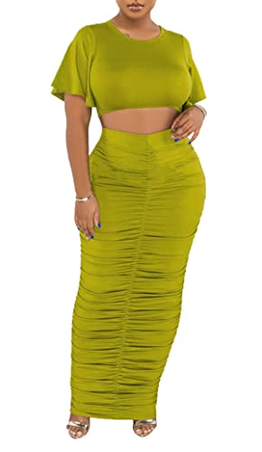 Image of YUEWOO 2 Piece Outfits for Women Sexy Crop Top Ruched Bodycon Maxi Dresses Fringe Skirt Sets Night Club Jumpsuits