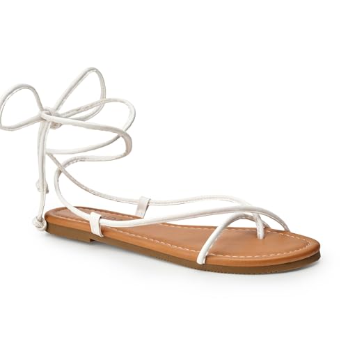 SANDALUP Lace up Sandals Tie up Dress Summer Flat Sandals for Women White 7.5