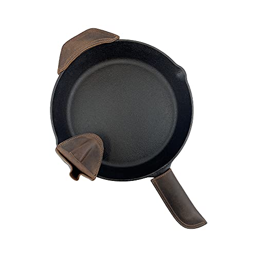 Hide & Drink, Set of 3 Rustic Hot Handle Holders, Panhandle, Side Kick & Grip Mitt, Assist Grip for Cast Iron Skillets & Pans, Full Grain Leather, Handmade, Bourbon Brown