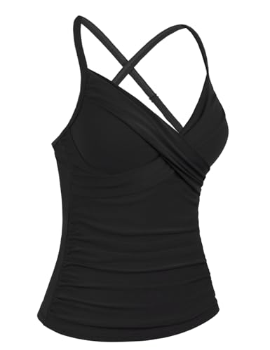 Mycoco Women's Underwire Tankini Top Cross Front V Neck Push Up Swim Top Ruched Tummy Control Bathing Suit Tops3