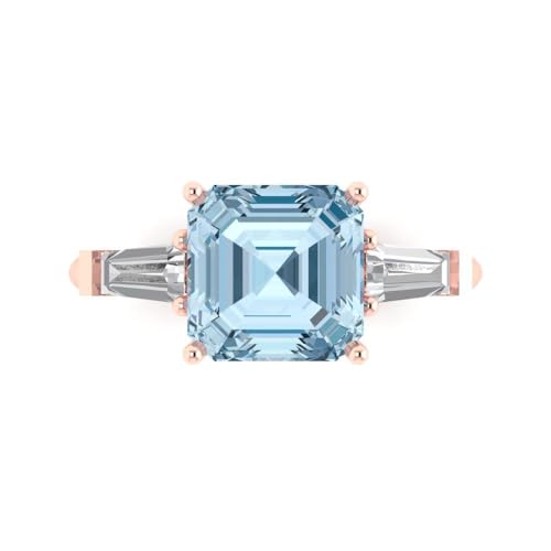 3 ct Asscher Cut Natural Aquamarine 18K Yellow Gold Three-Stone Wedding Engagement Bridal Promise Ring