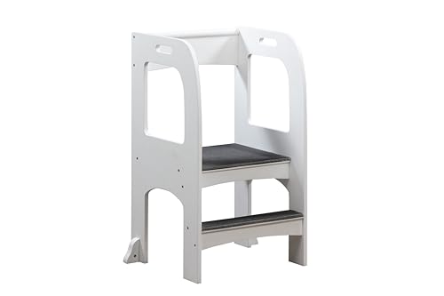 Naomi Home Stylish Kids On The Rise Kitchen Step Stool with Safety Non-Slip Mat, Wooden Standing Tower for Kitchen Countertops and Bathroom Sink, Kids Helper Learning Step Stool - White